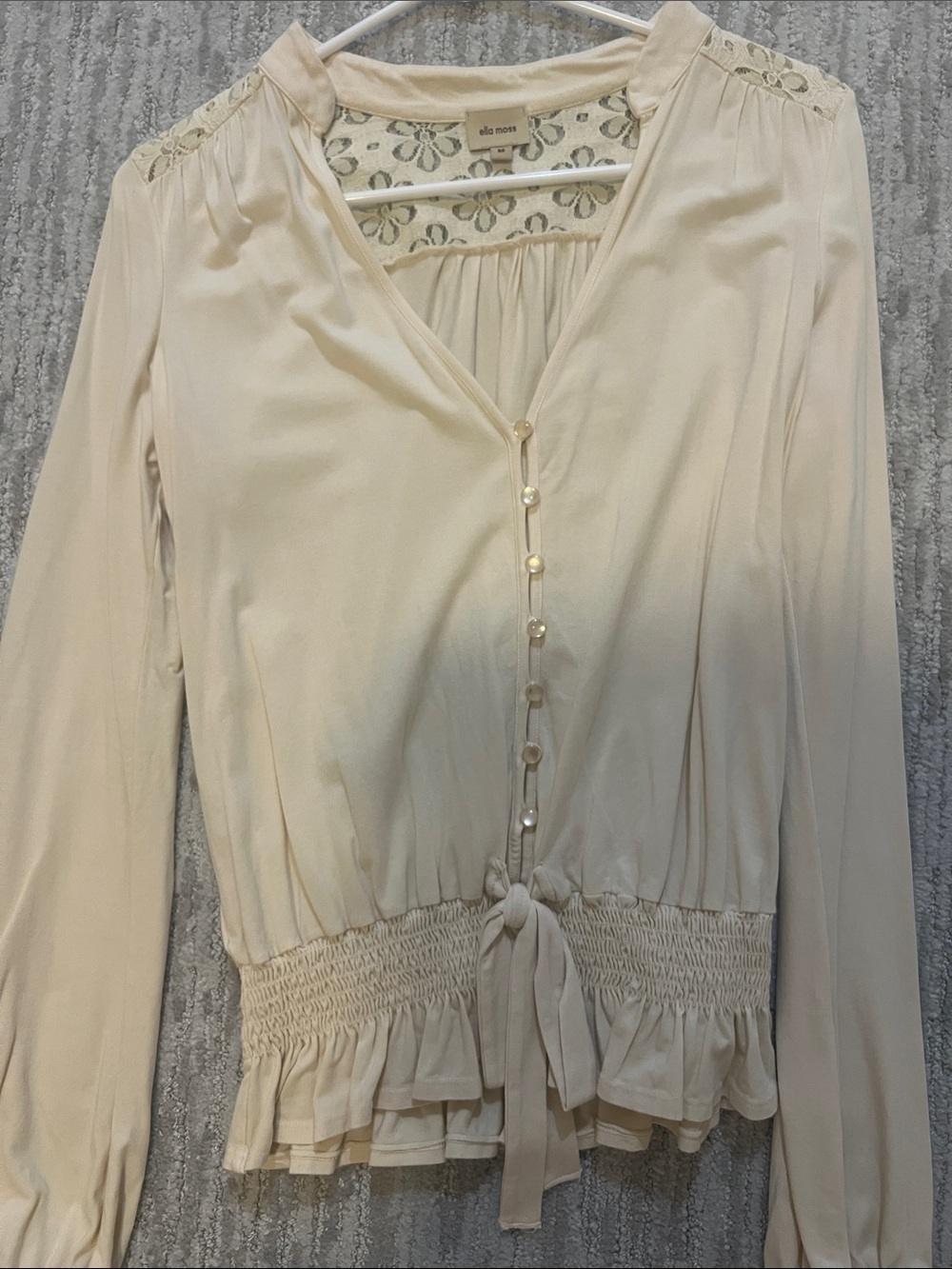 Ella Moss Cream Button-Front Smocked Waist Blouse